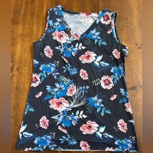 Sleeveless V-Neck Floral Tank Top - Black with Blue & Pink Flowers
